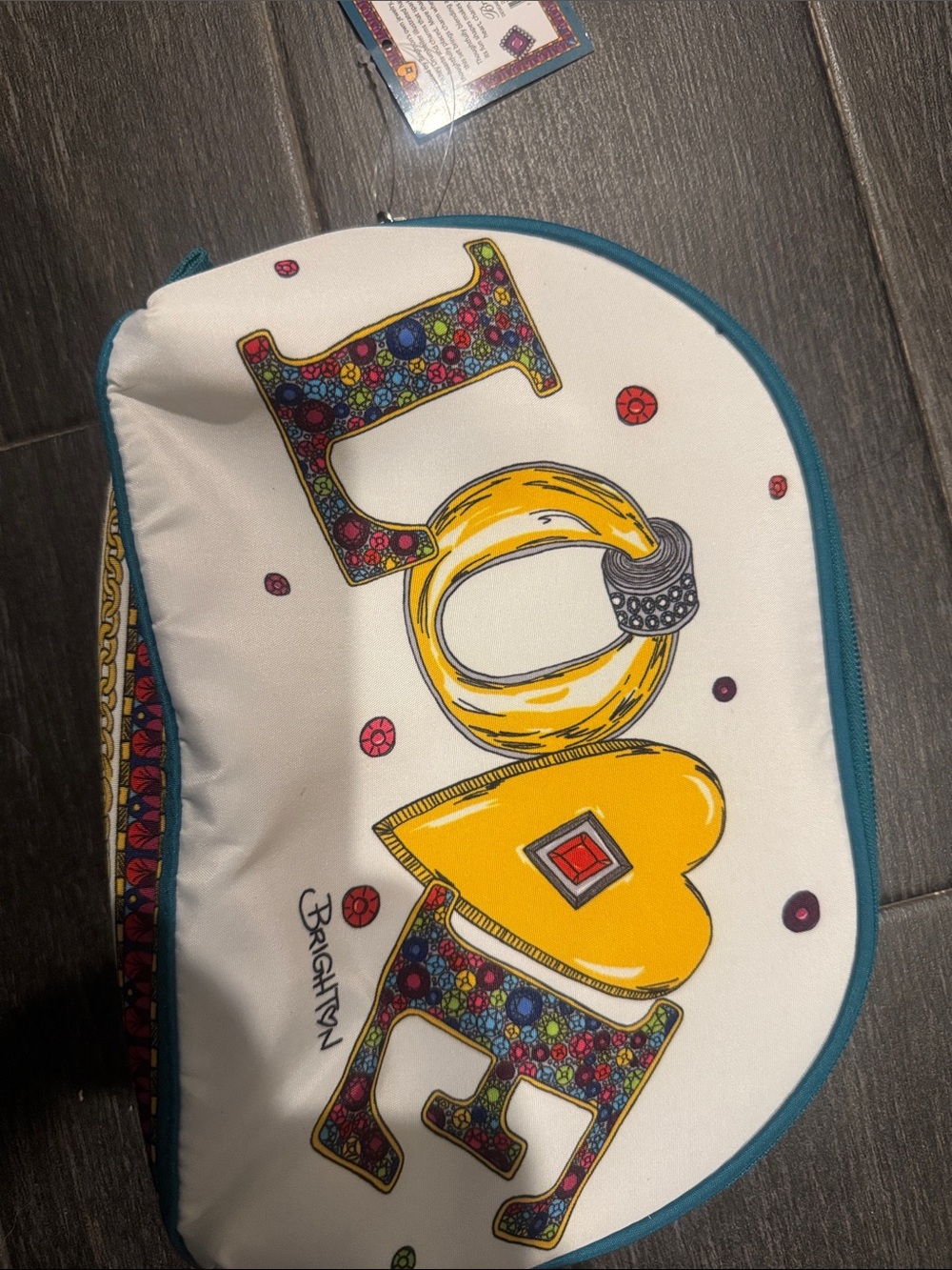 Brighton White Cosmetic Pouch with Multicolor 'LOVE' Graphic and Teal Trim